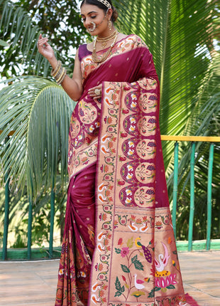 SGF11 Women's Kanjivaram Paithani Silk Saree Pure Golden Zari With Blouse Piece(Rani Pink) 