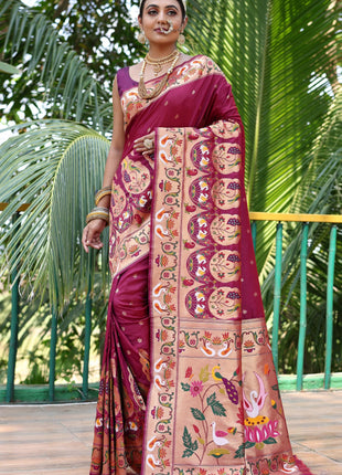 SGF11 Women's Kanjivaram Paithani Silk Saree Pure Golden Zari With Blouse Piece(Rani Pink) 