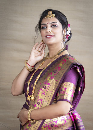 SGF11 Women's Kanjivaram Paithani Silk Sarees With Unstitched Blouse Piece (Wine) 