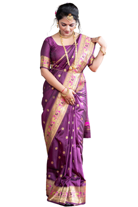 SGF11 Women's Kanjivaram Paithani Silk Sarees With Unstitched Blouse Piece (Wine) 