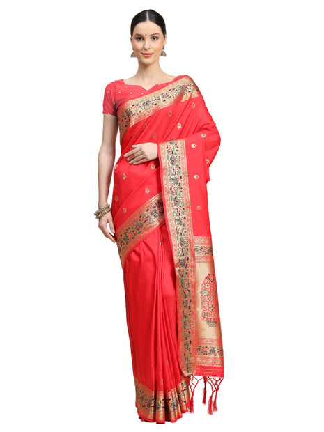 SGF11 Women's Kanjivaram Paithani Soft Lichi Silk Sarees With Blouse Piece (Red) 
