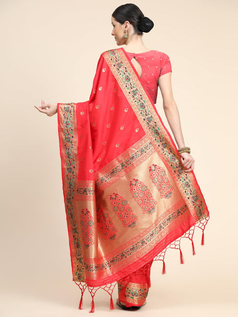 SGF11 Women's Kanjivaram Paithani Soft Lichi Silk Sarees With Blouse Piece (Red) 