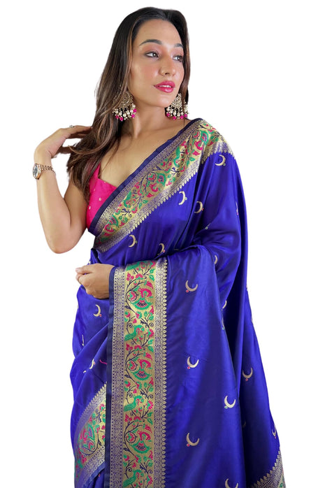 SGF11 Women's Kanjivaram Paithani Soft Silk Handloom Saree With Unstitched Blouse Piece (Violet) 