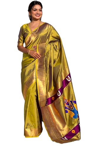 SGF11 Women's Kanjivaram Paithani Soft Silk Saree With Unstitched Blouse Piece (Mahendi Green) 