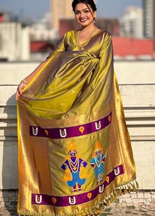 SGF11 Women's Kanjivaram Paithani Soft Silk Saree With Unstitched Blouse Piece (Mahendi Green) 