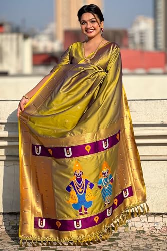 SGF11 Women's Kanjivaram Paithani Soft Silk Saree With Unstitched Blouse Piece (Mahendi Green) 