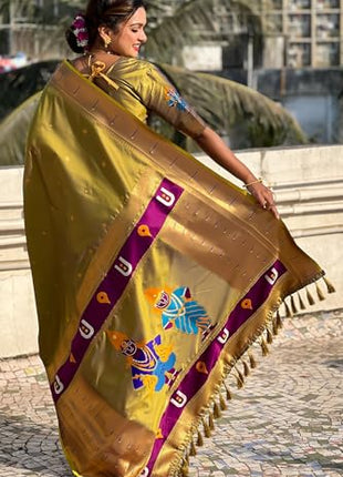 SGF11 Women's Kanjivaram Paithani Soft Silk Saree With Unstitched Blouse Piece (Mahendi Green) 