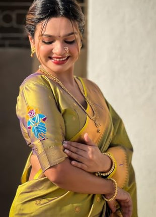 SGF11 Women's Kanjivaram Paithani Soft Silk Saree With Unstitched Blouse Piece (Mahendi Green) 