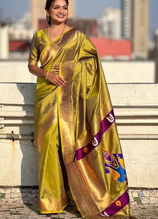 SGF11 Women's Kanjivaram Paithani Soft Silk Saree With Unstitched Blouse Piece (Mahendi Green) 