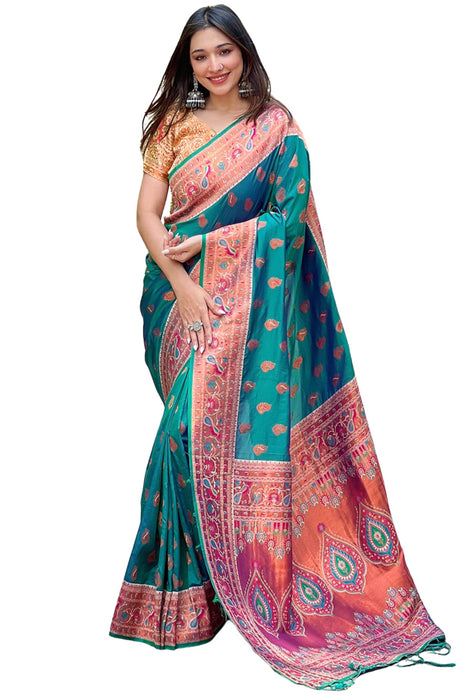 SGF11 Women's Kanjivaram Paithani Soft Silk Sarees For Womens With Blouse Piece (Rama Green) 