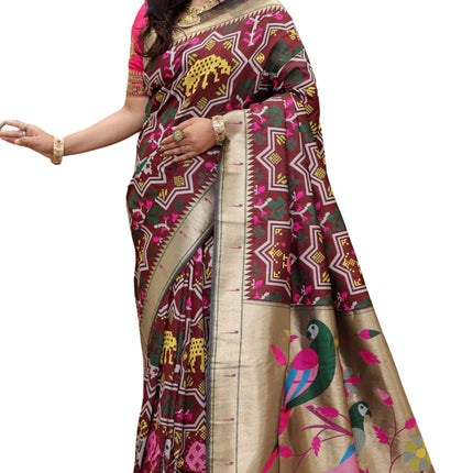 SGF11 Women's Kanjivaram Paithani Soft Silk Sarees With Unstitched Blouse Piece (Maroon) 