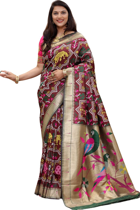 SGF11 Women's Kanjivaram Paithani Soft Silk Sarees With Unstitched Blouse Piece (Maroon) 