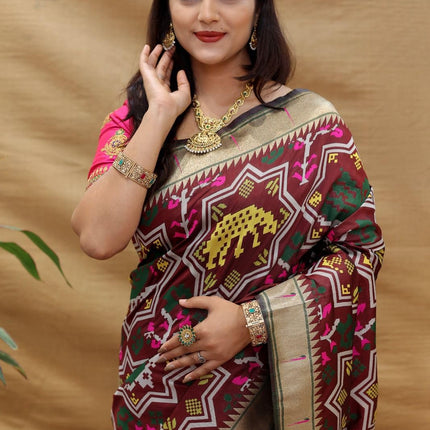 SGF11 Women's Kanjivaram Paithani Soft Silk Sarees With Unstitched Blouse Piece (Maroon) 