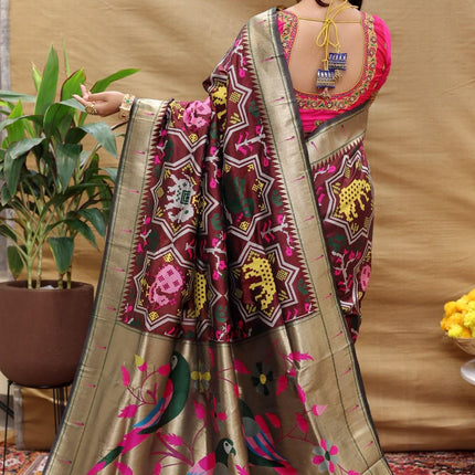SGF11 Women's Kanjivaram Paithani Soft Silk Sarees With Unstitched Blouse Piece (Maroon) 