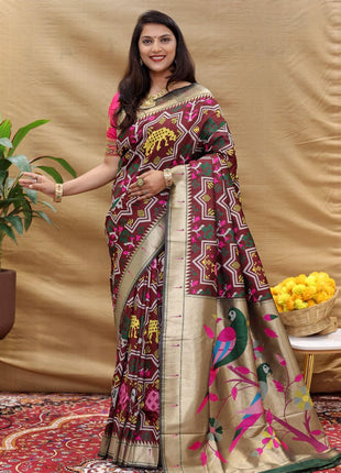 SGF11 Women's Kanjivaram Paithani Soft Silk Sarees With Unstitched Blouse Piece (Maroon) 