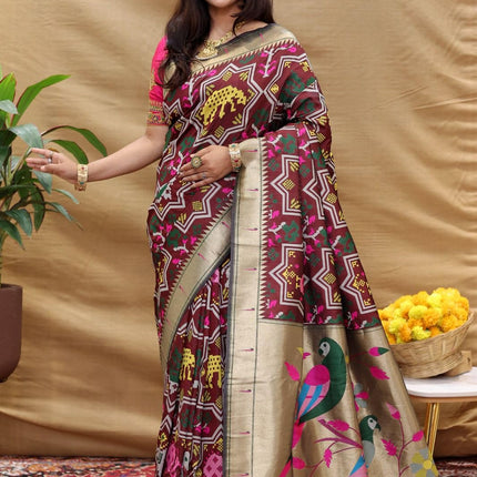 SGF11 Women's Kanjivaram Paithani Soft Silk Sarees With Unstitched Blouse Piece (Maroon) 