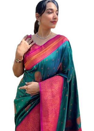SGF11 Women's Kanjivaram Paithani soft silk Sarees With Unstitched Blouse Piece (Rama Green) 