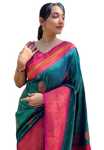 SGF11 Women's Kanjivaram Paithani soft silk Sarees With Unstitched Blouse Piece (Rama Green) 