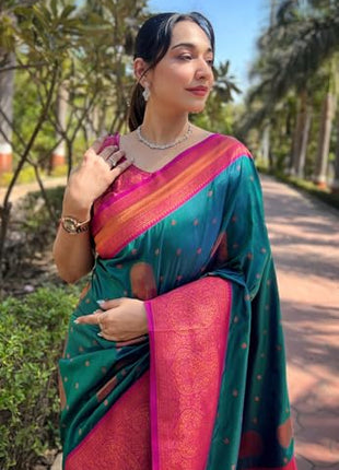 SGF11 Women's Kanjivaram Paithani soft silk Sarees With Unstitched Blouse Piece (Rama Green) 