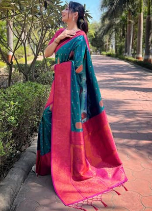 SGF11 Women's Kanjivaram Paithani soft silk Sarees With Unstitched Blouse Piece (Rama Green) 