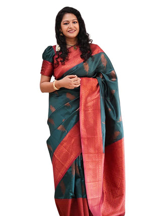 SGF11 Women's Kanjivaram Soft Lichi Silk Saree With Blouse Piece (Rama Green) 