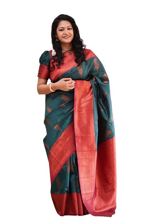SGF11 Women's Kanjivaram Soft Lichi Silk Saree With Blouse Piece (Rama Green) 