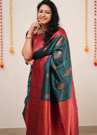 SGF11 Women's Kanjivaram Soft Lichi Silk Saree With Blouse Piece (Rama Green) 