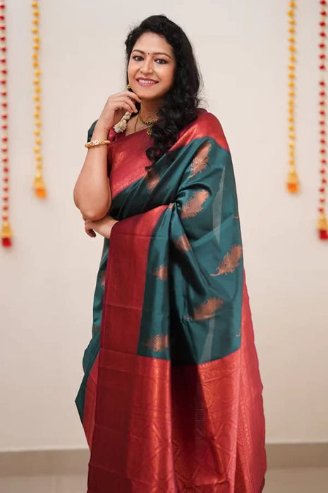 SGF11 Women's Kanjivaram Soft Lichi Silk Saree With Blouse Piece (Rama Green) 