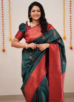 SGF11 Women's Kanjivaram Soft Lichi Silk Saree With Blouse Piece (Rama Green) 