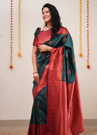 SGF11 Women's Kanjivaram Soft Lichi Silk Saree With Blouse Piece (Rama Green) 