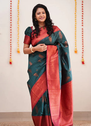 SGF11 Women's Kanjivaram Soft Lichi Silk Saree With Blouse Piece (Rama Green) 