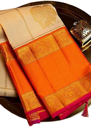 SGF11- Women's Kanjivaram Soft Lichi Silk Saree With Blouse Piece (White Orange) 