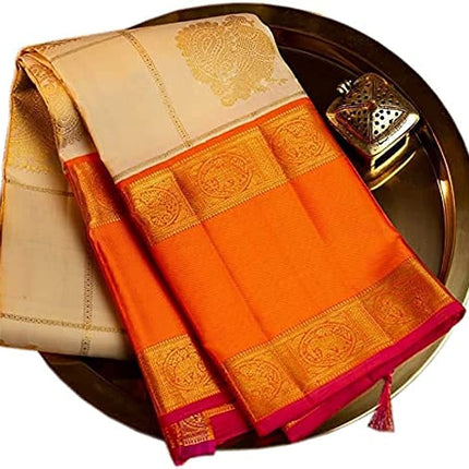 SGF11- Women's Kanjivaram Soft Lichi Silk Saree With Blouse Piece (White Orange) 