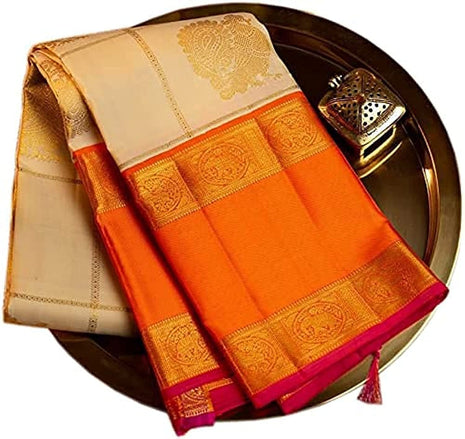 SGF11- Women's Kanjivaram Soft Lichi Silk Saree With Blouse Piece (White Orange) 