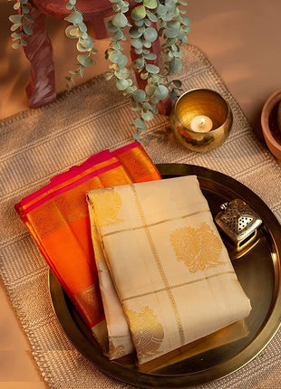 SGF11- Women's Kanjivaram Soft Lichi Silk Saree With Blouse Piece (White Orange) 
