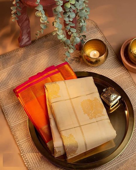 SGF11- Women's Kanjivaram Soft Lichi Silk Saree With Blouse Piece (White Orange) 
