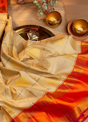 SGF11- Women's Kanjivaram Soft Lichi Silk Saree With Blouse Piece (White Orange) 
