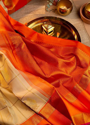 SGF11- Women's Kanjivaram Soft Lichi Silk Saree With Blouse Piece (White Orange) 