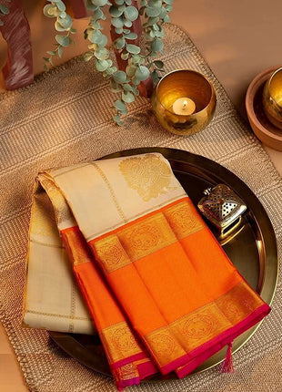 SGF11- Women's Kanjivaram Soft Lichi Silk Saree With Blouse Piece (White Orange) 