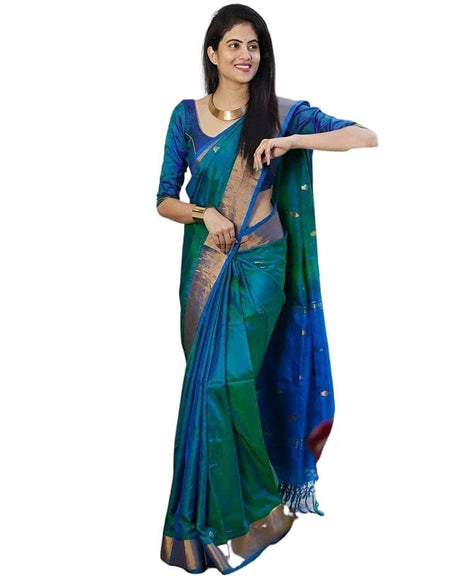 SGF11- Women's Kanjivaram Zari Woven Soft Silk Saree With Unstiched Blouse Piece (Rama Green) 