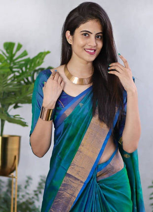SGF11- Women's Kanjivaram Zari Woven Soft Silk Saree With Unstiched Blouse Piece (Rama Green) 