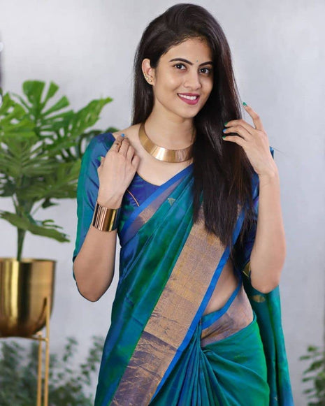 SGF11- Women's Kanjivaram Zari Woven Soft Silk Saree With Unstiched Blouse Piece (Rama Green) 