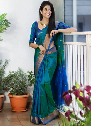 SGF11- Women's Kanjivaram Zari Woven Soft Silk Saree With Unstiched Blouse Piece (Rama Green) 