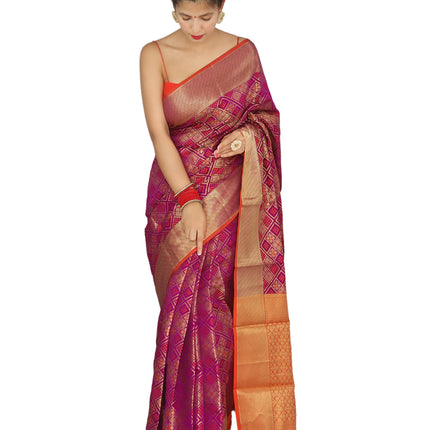 SGF11 Women's Kanjivaram patola Soft Lichi Silk Sarees With Unstitched Blouse Piece (Wine) 