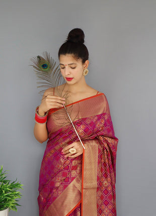 SGF11 Women's Kanjivaram patola Soft Lichi Silk Sarees With Unstitched Blouse Piece (Wine) 