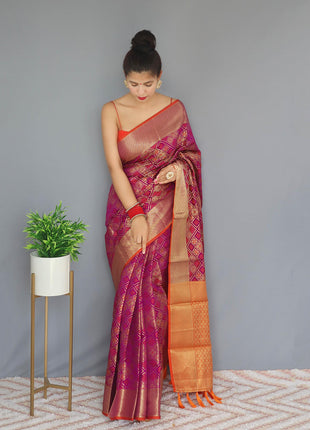 SGF11 Women's Kanjivaram patola Soft Lichi Silk Sarees With Unstitched Blouse Piece (Wine) 