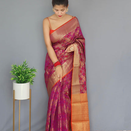 SGF11 Women's Kanjivaram patola Soft Lichi Silk Sarees With Unstitched Blouse Piece (Wine) 