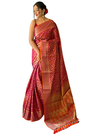 SGF11 Women's Kanjivaram patola Soft Lichi Silk Sarees With Unstitched Blouse Piece (Wine/Orange) 