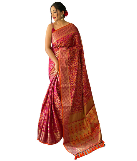 SGF11 Women's Kanjivaram patola Soft Lichi Silk Sarees With Unstitched Blouse Piece (Wine/Orange) 