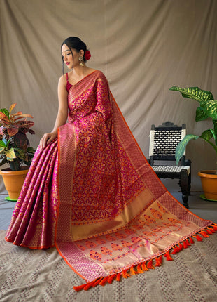 SGF11 Women's Kanjivaram patola Soft Lichi Silk Sarees With Unstitched Blouse Piece (Wine/Orange) 